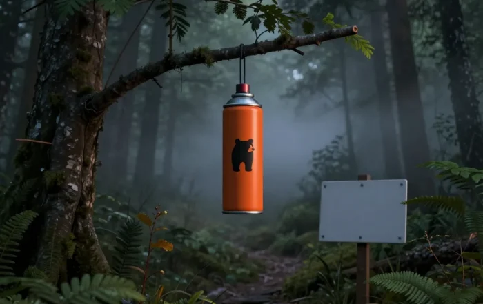Bear-repellent spray canister hanging from a branch on a dense forest trail in mountain terrain