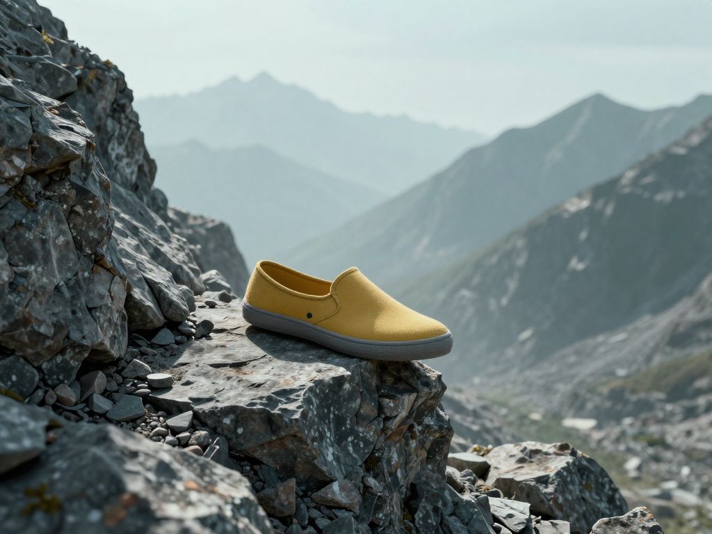 A single slipper resting on a jagged rocky mountain trail beneath towering peaks