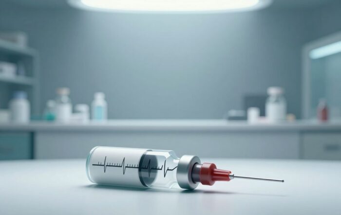 Cracked medical vial on a clinical white surface with spilled liquid forming a fading pulse line