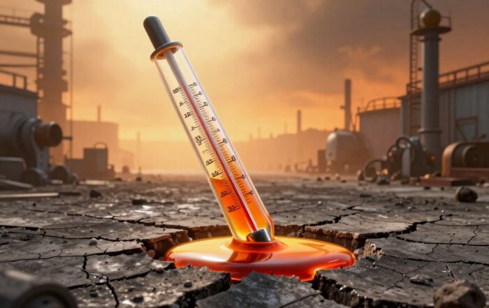 Cracked dry ground with a broken thermometer spilling mercury under heat haze