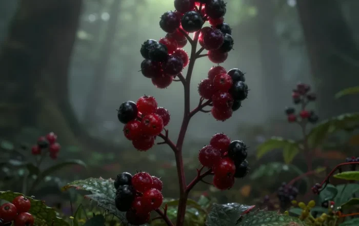 Close-up of glossy dark berries on a shadowy forest plant with blurred green foliage background