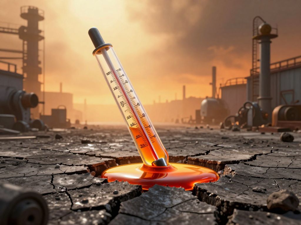 Cracked dry ground with a broken thermometer spilling mercury under heat haze