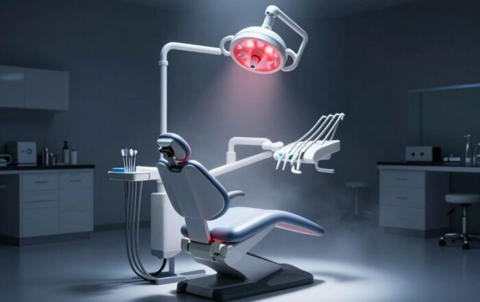 Empty dental chair under harsh clinical lamp with red light reflecting off metal instruments in dark room