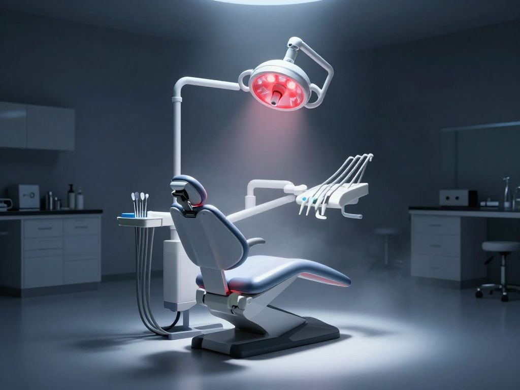 Empty dental chair under harsh clinical lamp with red light reflecting off metal instruments in dark room