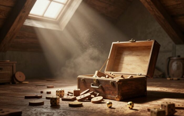 Old cardboard board game box spilling wooden pieces and dice on a dusty attic floor.