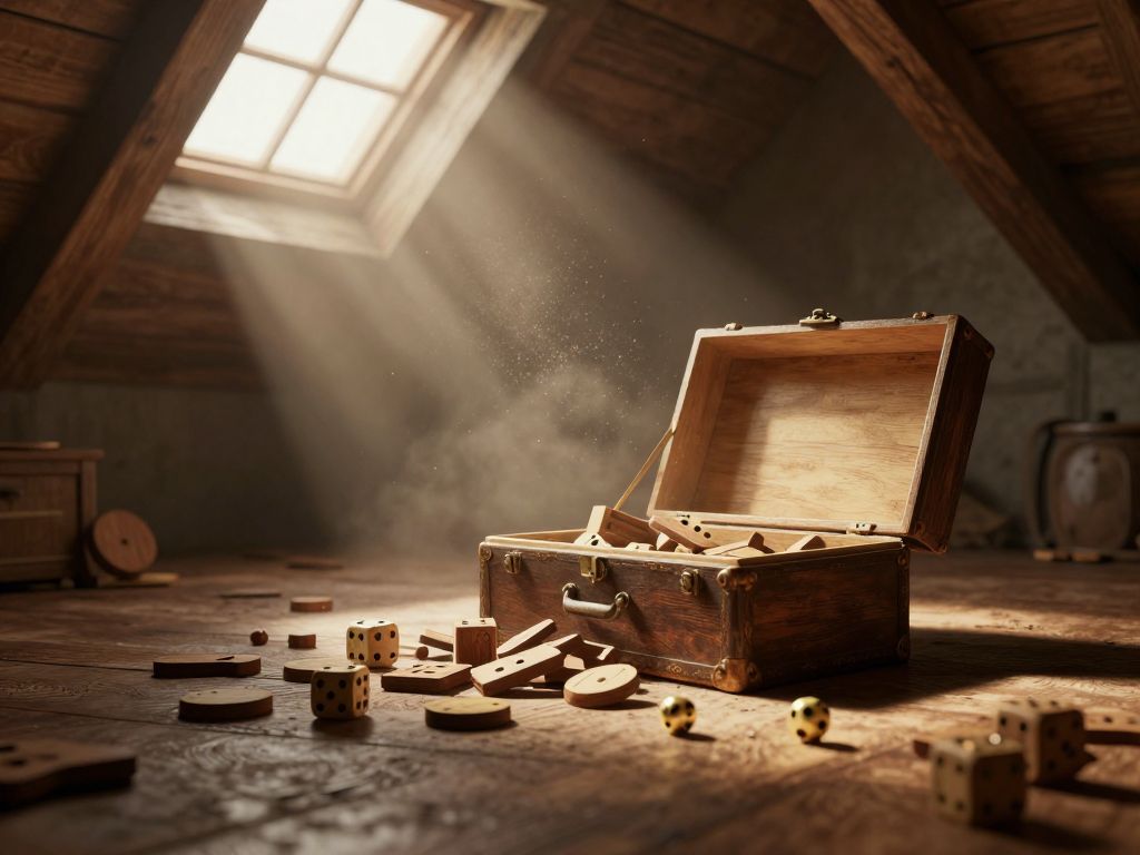 Old cardboard board game box spilling wooden pieces and dice on a dusty attic floor.