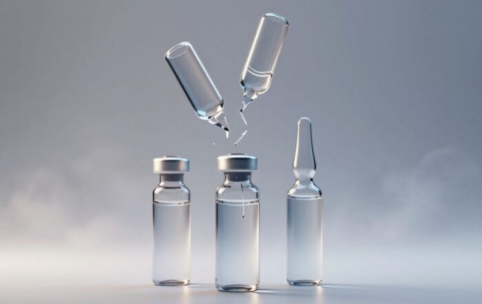 A glass vaccine vial splitting apart into three separate capsules on a clinical surface