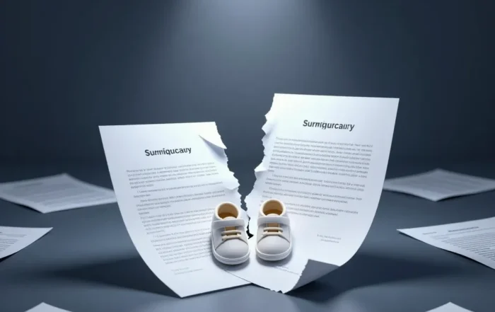 Torn contract document split apart with small empty infant shoes resting on the tear line