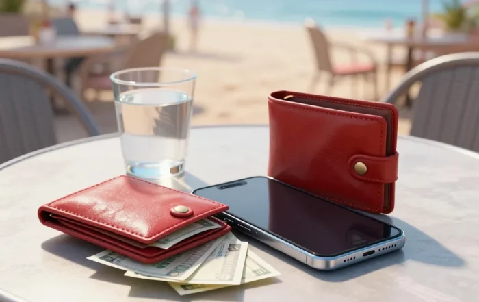 Smartphone and open wallet with scattered cash left unattended on a sunny outdoor café table