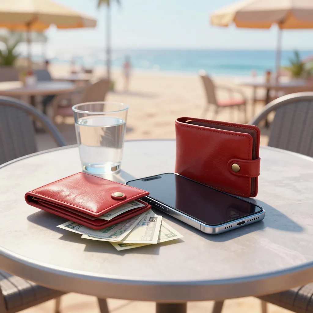 Smartphone and open wallet with scattered cash left unattended on a sunny outdoor café table