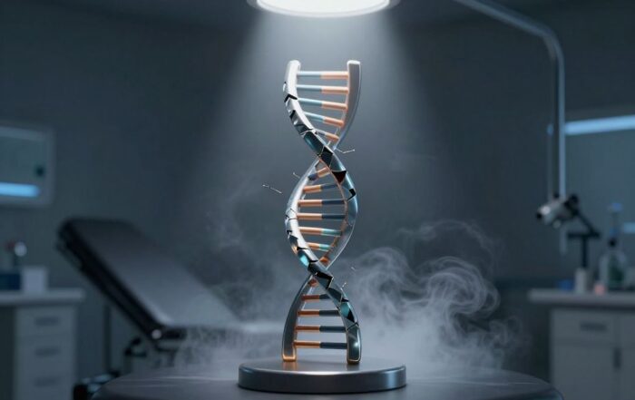 Broken DNA helix sculpture on a steel clinical table under dim overhead light