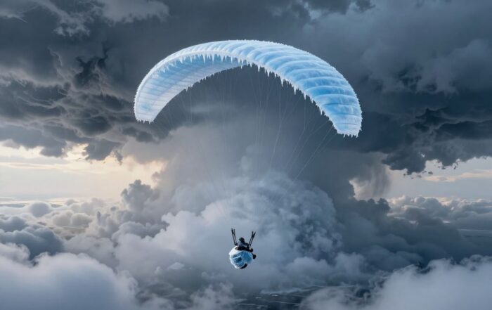 Ice-covered paraglider canopy suspended inside a towering storm cloud at extreme altitude