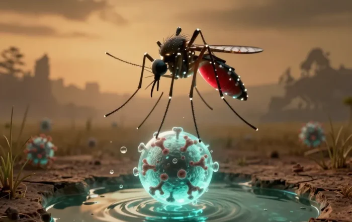 Illustration of a mosquito hovering over glowing water droplets containing virus-like structures on cracked ground