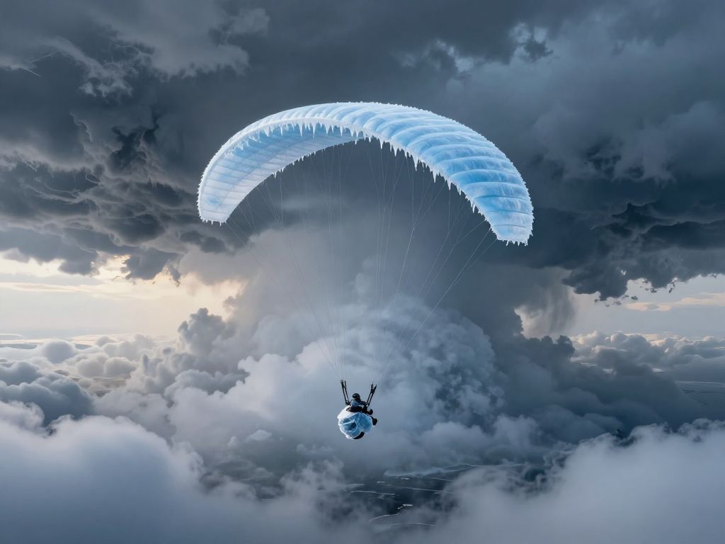 Ice-covered paraglider canopy suspended inside a towering storm cloud at extreme altitude