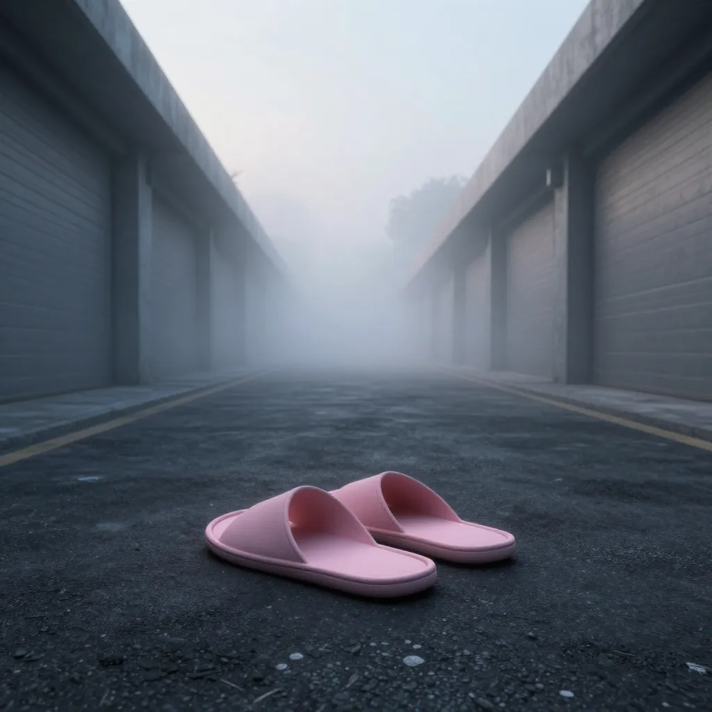 Abandoned slippers lie on a concrete path beside a row of garages in early morning light