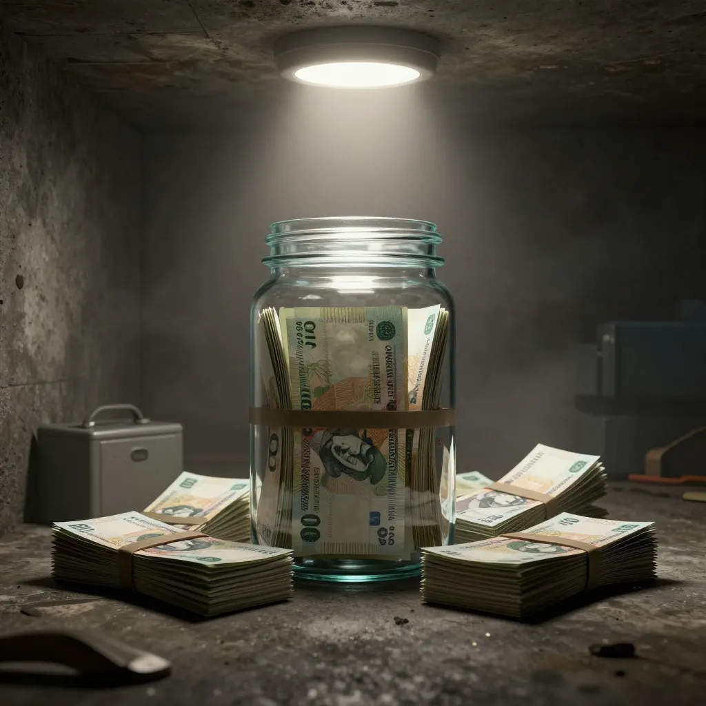Bundle of banknotes sealed in a glass jar next to emergency supplies in a dim concrete room