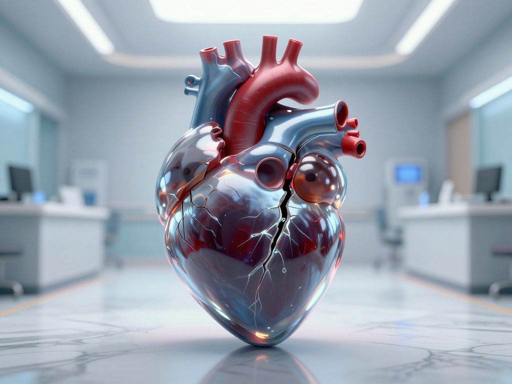 Glass heart with one dark, damaged chamber, surrounded by scattered papers on marble courtroom-hospital floor