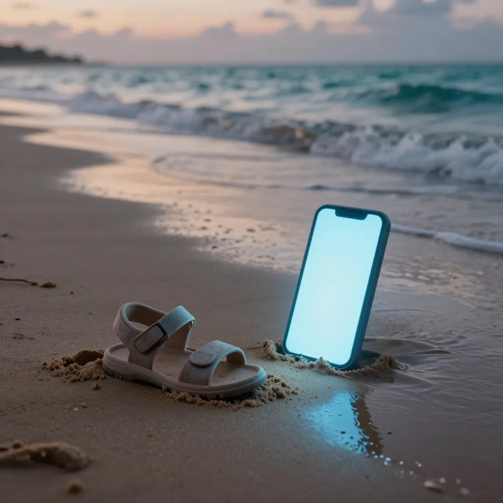 Empty beach at dusk with a glowing phone in the sand beside a lone child's sandal near incoming waves