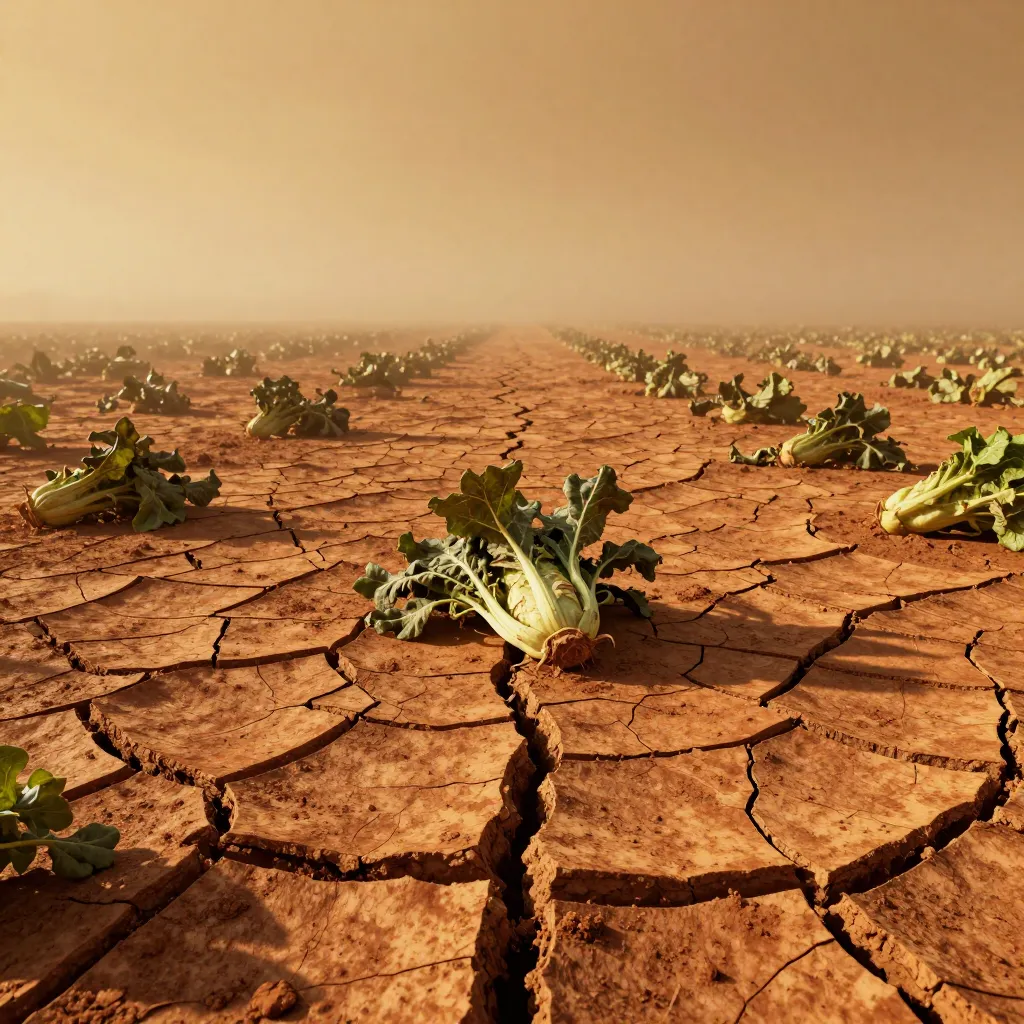 Cracked drought soil with wilted vegetables sitting in the fissures under an amber sky
