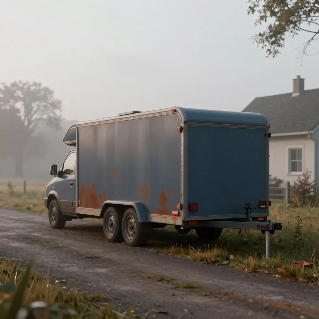 Empty rural driveway with a car and trailer parked near a worn patch of ground under overcast sky