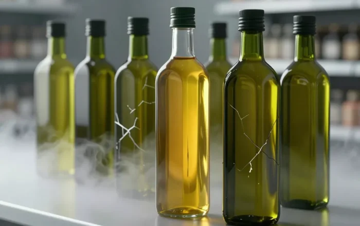 Row of olive oil bottles on a counter, one glowing gold while others crack and leak cloudy liquid
