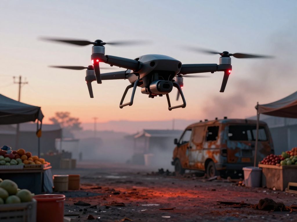 Drone hovers above an abandoned market stall with scattered produce and a smoking damaged van in the background