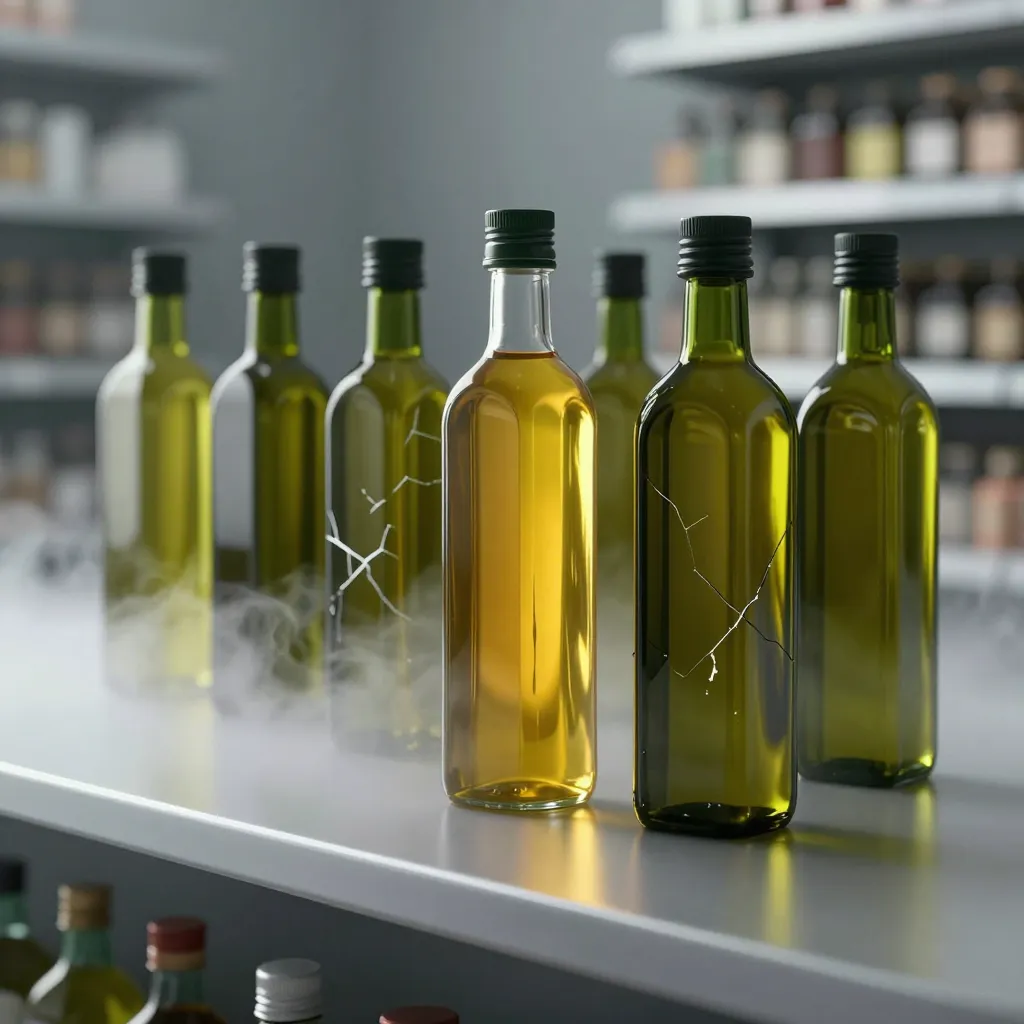 Row of olive oil bottles on a counter, one glowing gold while others crack and leak cloudy liquid