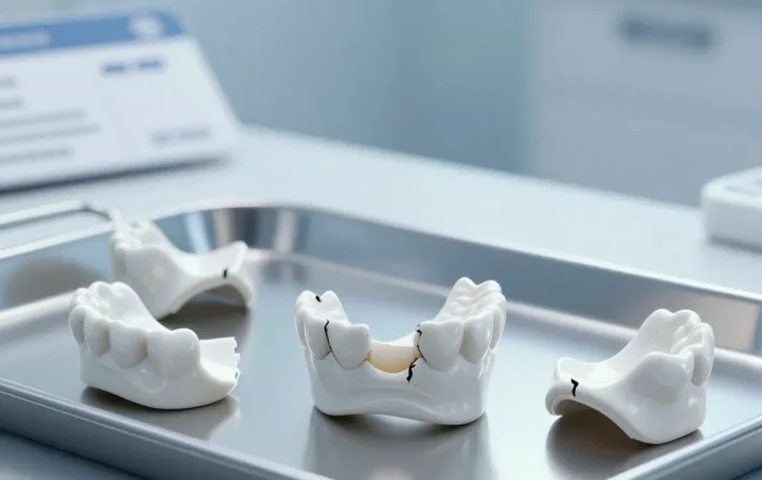 Cracked white dental crowns scattered on a steel tray in a clinical setting