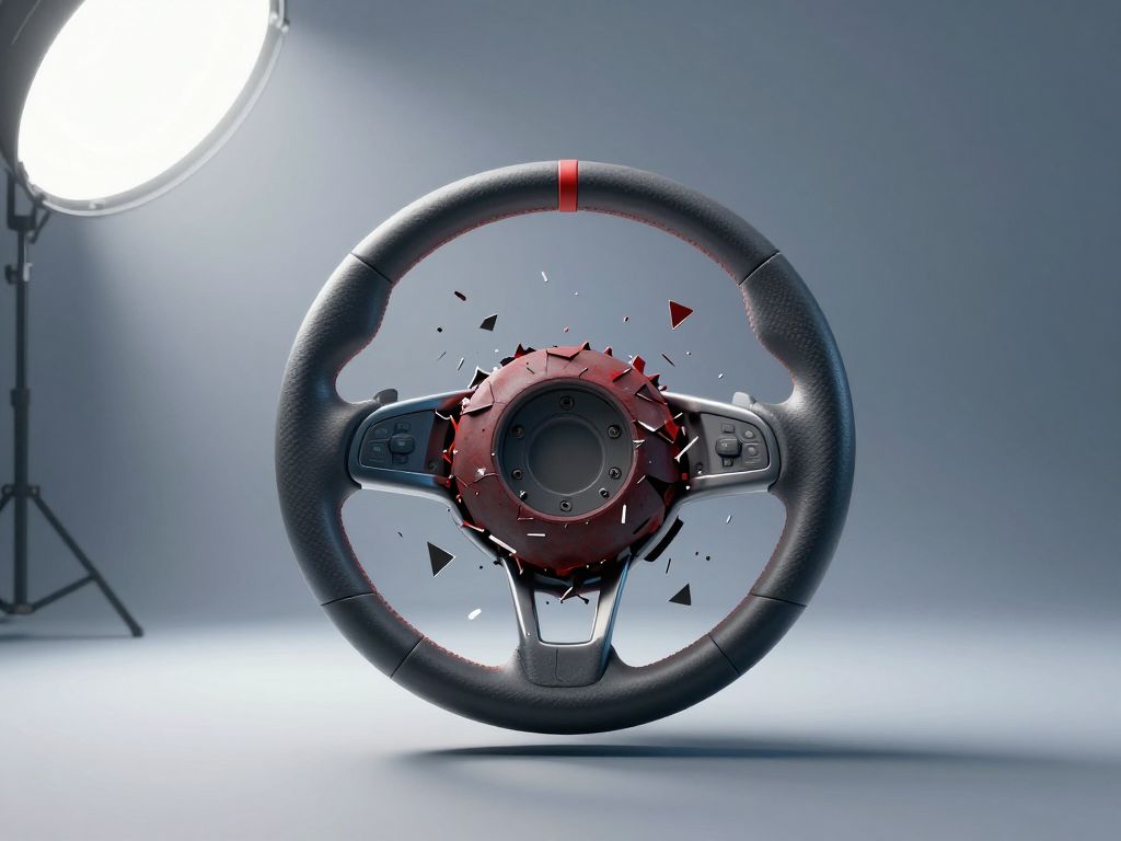 Cracked steering wheel with airbag housing broken open, metal fragments floating in the air.