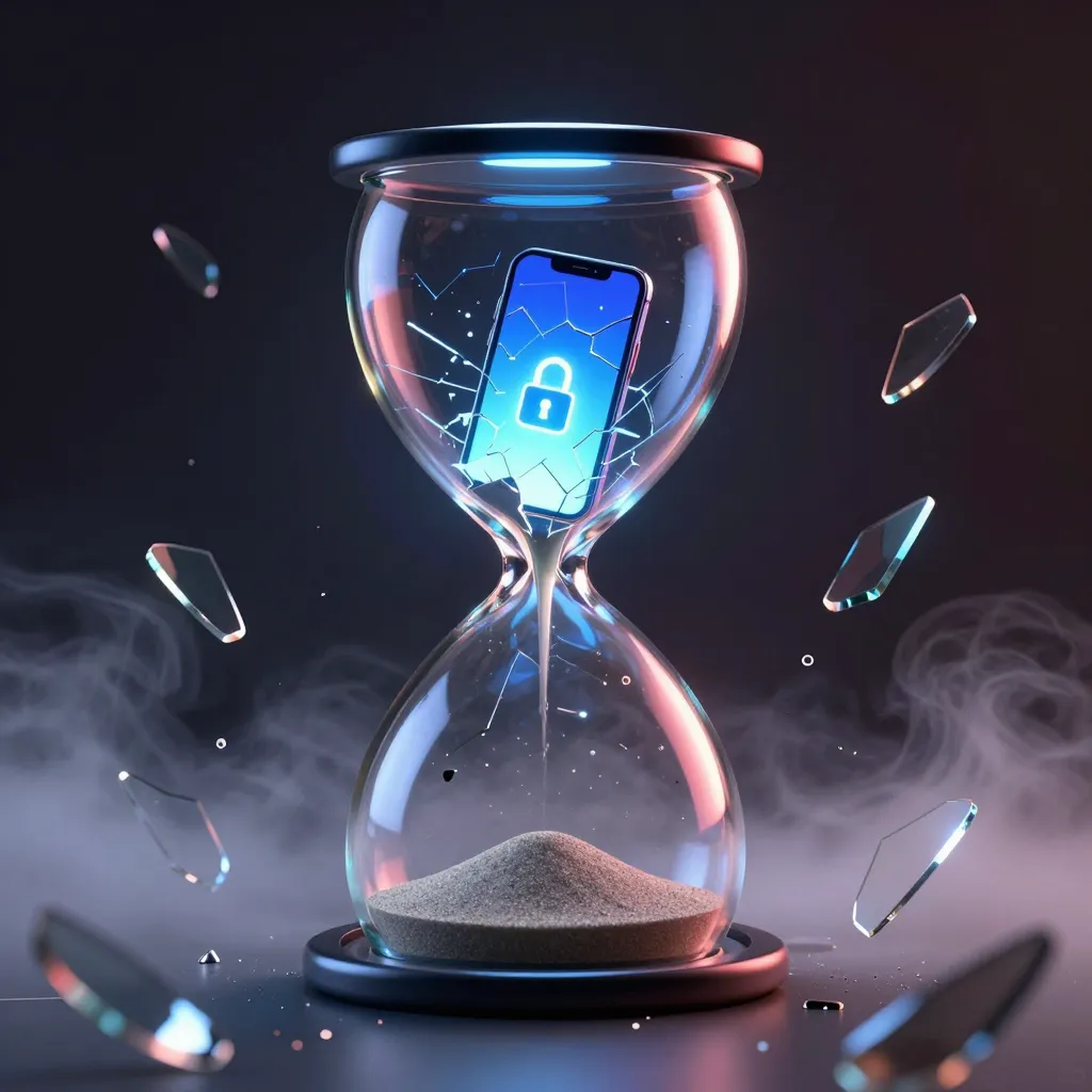 Cracked glowing phone screen inside an hourglass shape with sand draining into darkness