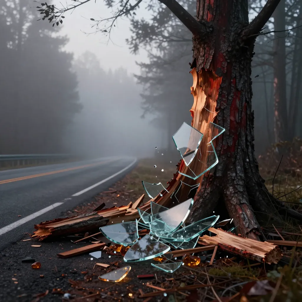 Shattered glass fragments scattered on a dark road beside a splintered tree trunk in misty forest light