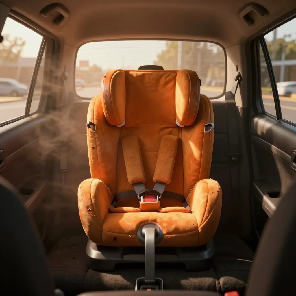 Empty child car seat inside a hot car with intense sunlight streaming through the windshield