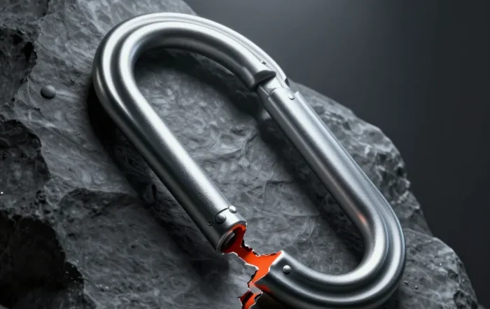 Close-up of a metal carabiner with a visible crack at its rivet joint against a dark background