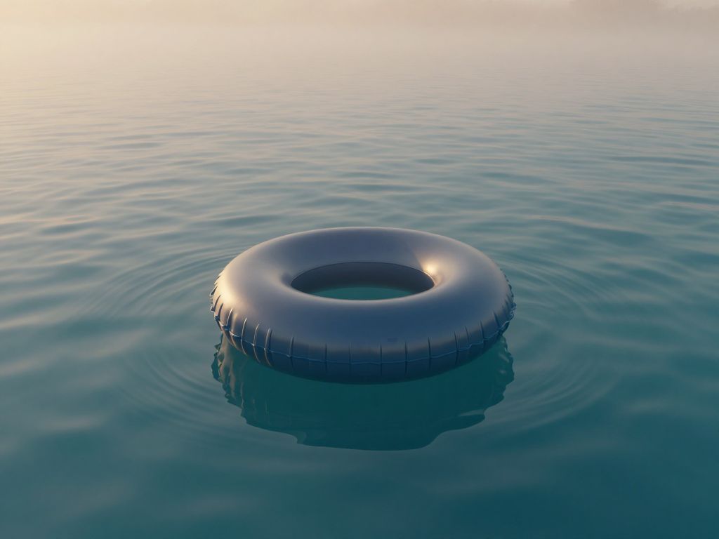 An empty inflatable swim ring floats alone on a still pool at dusk, ripples spreading silently outward.