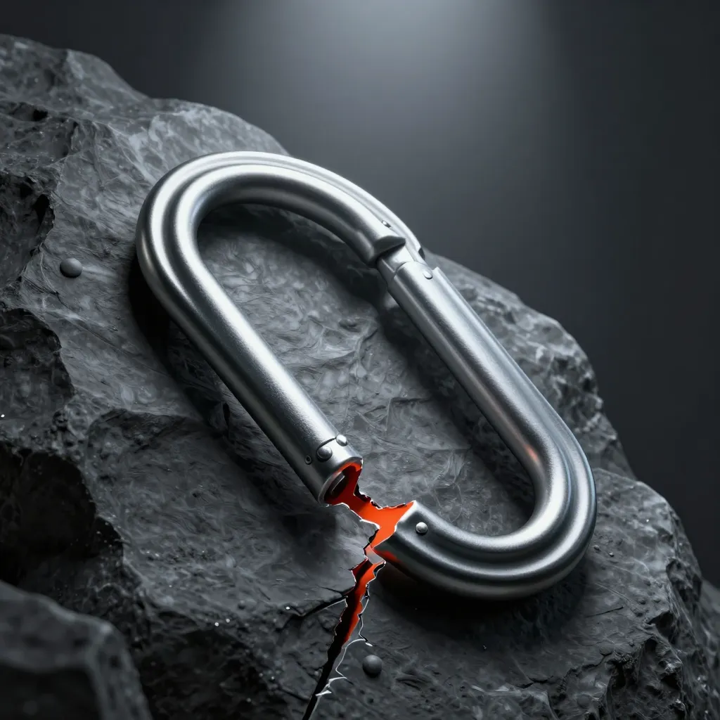 Close-up of a metal carabiner with a visible crack at its rivet joint against a dark background