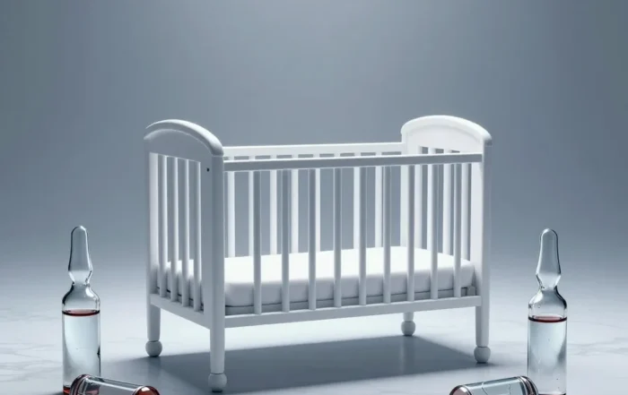 Empty white crib in a sterile clinical room surrounded by shattered glass ampoules on a marble floor