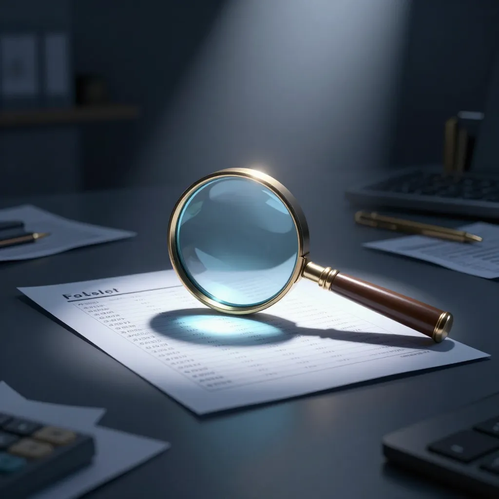 Magnifying glass over financial documents casting a shadow shaped like a gavel on a dark desk