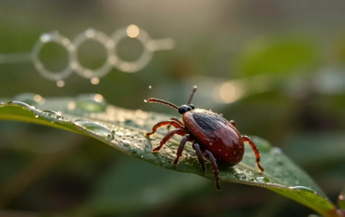 Extreme close-up of a tick on a dew-covered leaf with blurred molecular pattern in background
