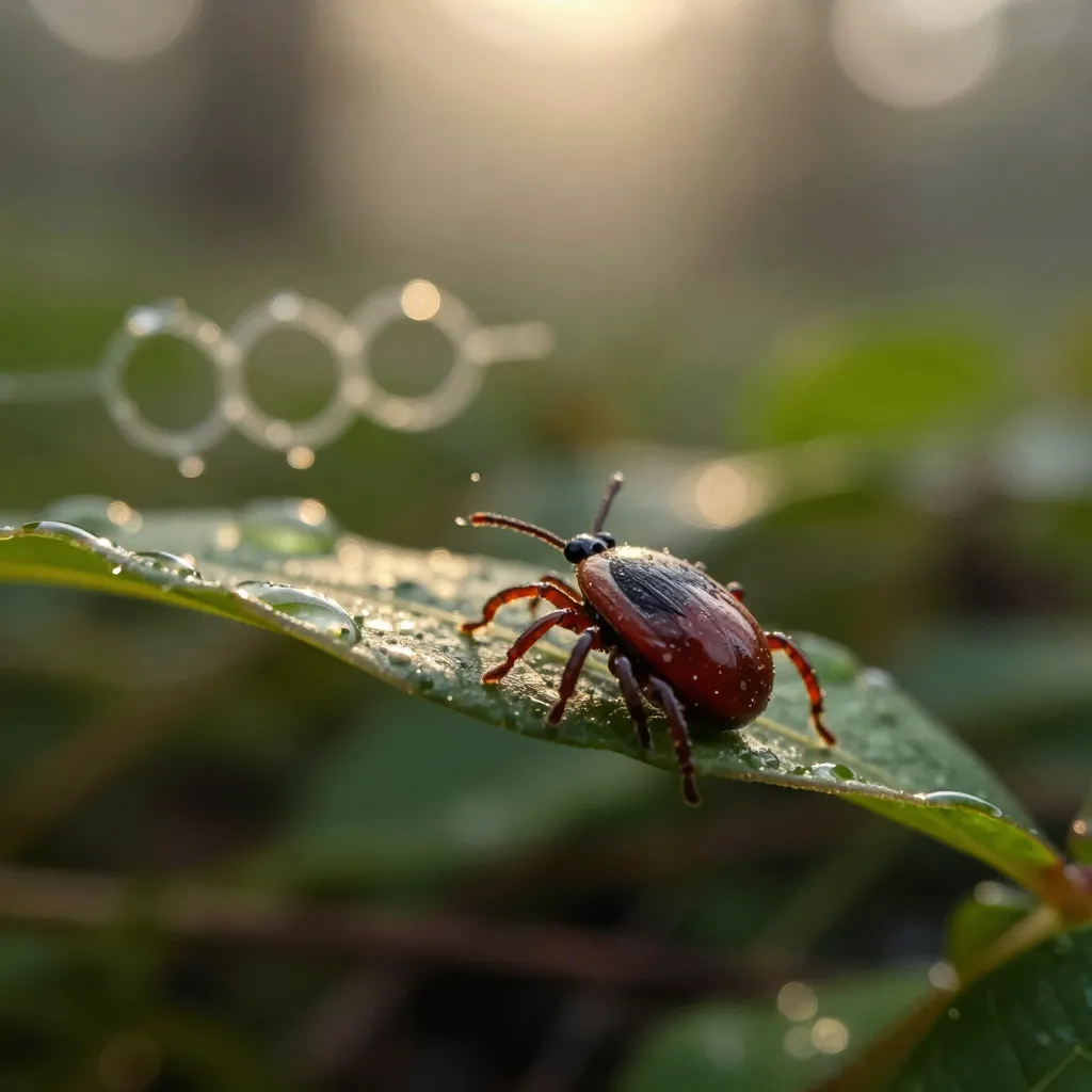 Extreme close-up of a tick on a dew-covered leaf with blurred molecular pattern in background