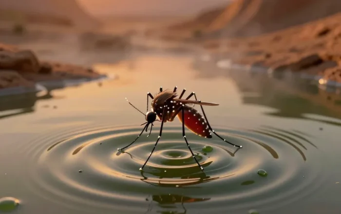 Mosquito hovering over stagnant water with ripples spreading under an orange dusk sky