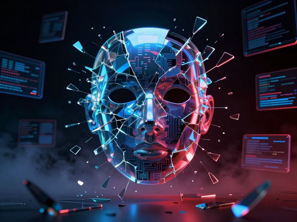 Fractured digital face mask made of glass shards glitching apart above glowing circuit patterns