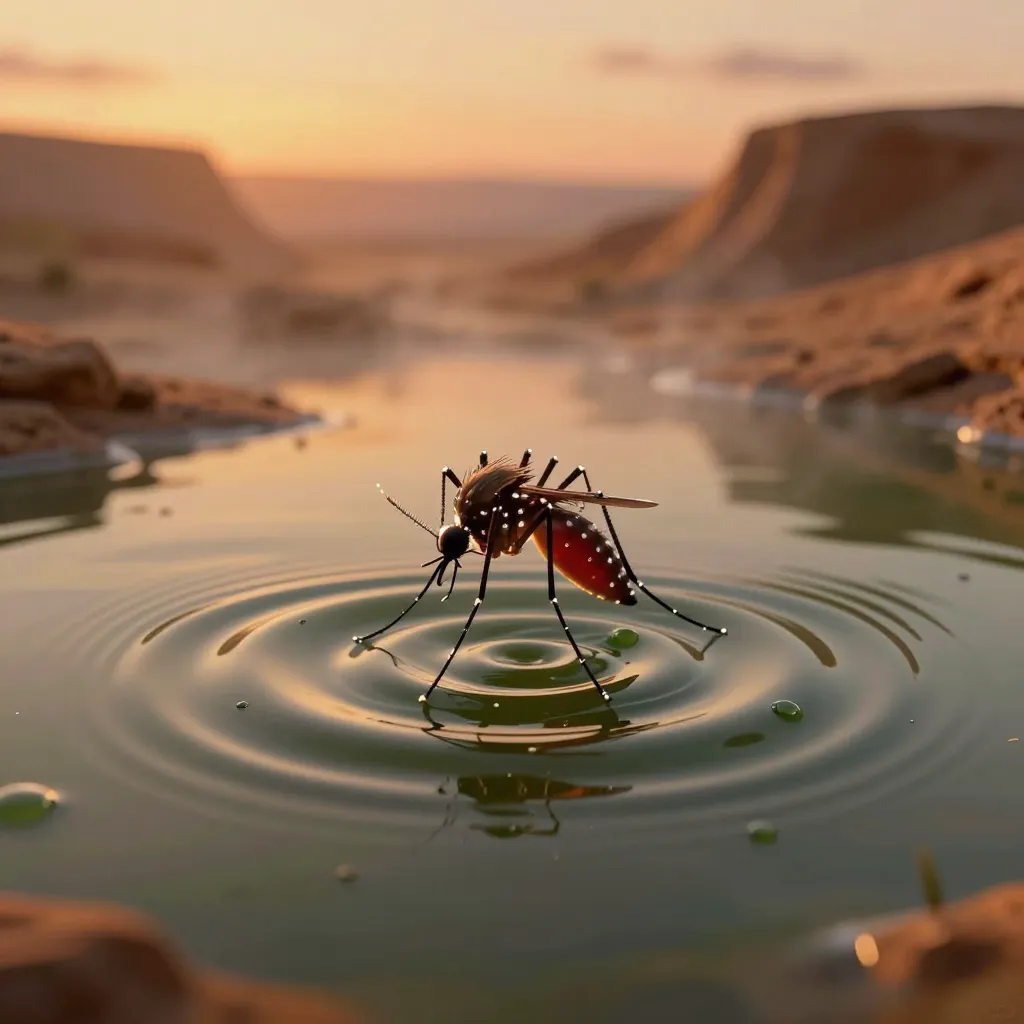 Mosquito hovering over stagnant water with ripples spreading under an orange dusk sky