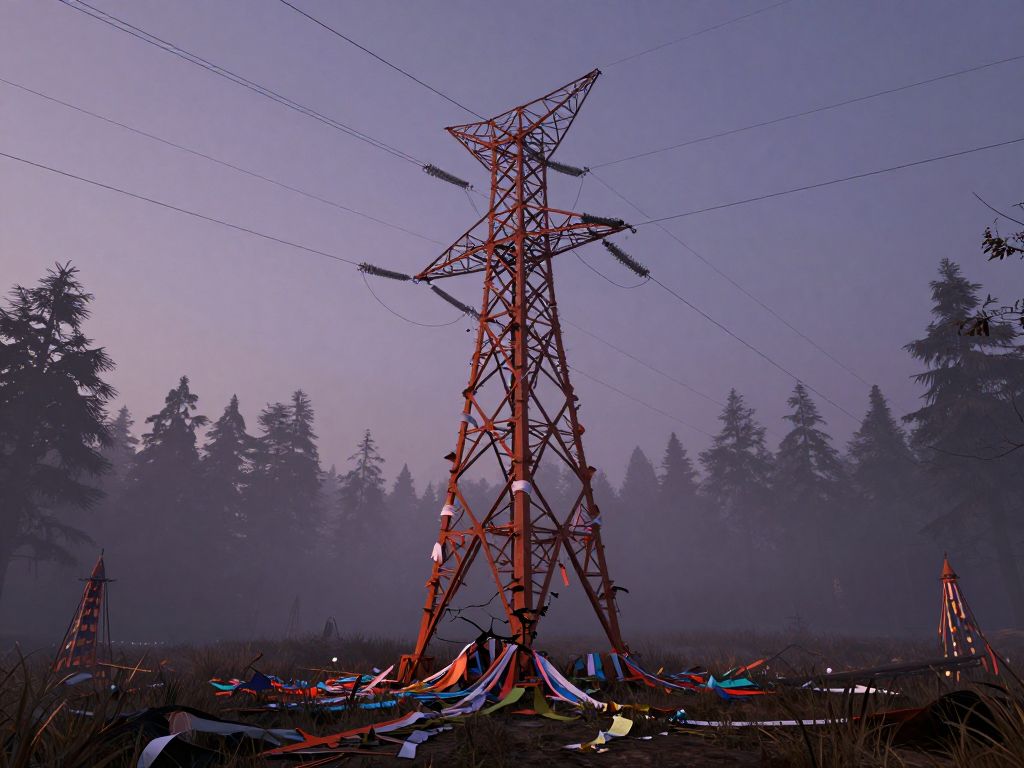Cracked electrical tower base wrapped in faded ribbons in an empty forest clearing at dusk