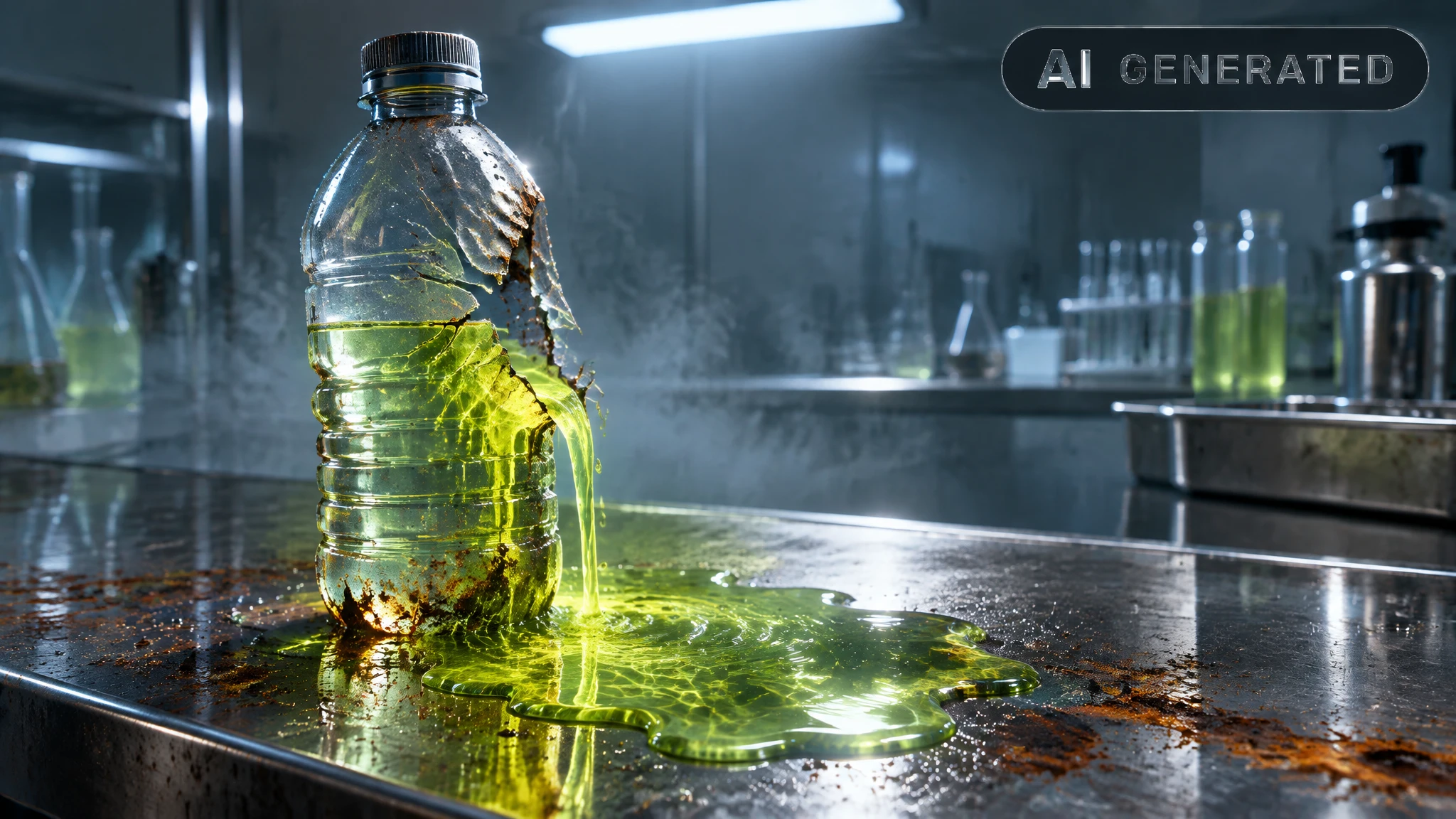 Cracked plastic water bottle leaking caustic liquid onto a corroded steel laboratory surface