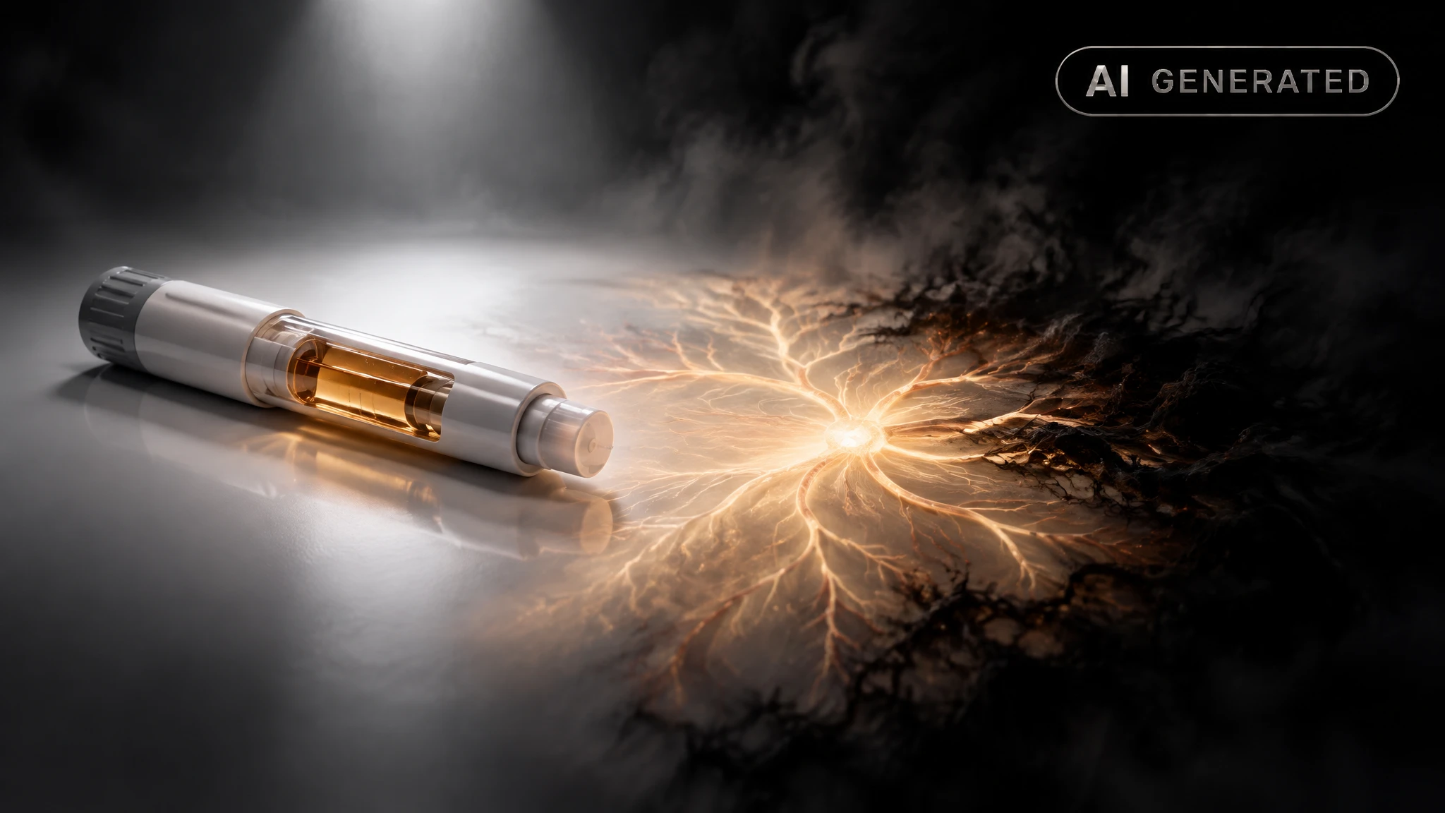 Injection pen beside a glowing nerve-like light pattern being consumed by spreading darkness on white surface