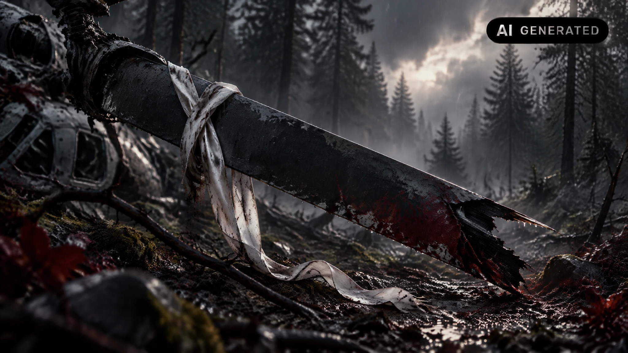 Broken helicopter rotor blade tangled with a torn white ribbon among storm-lit forest wreckage