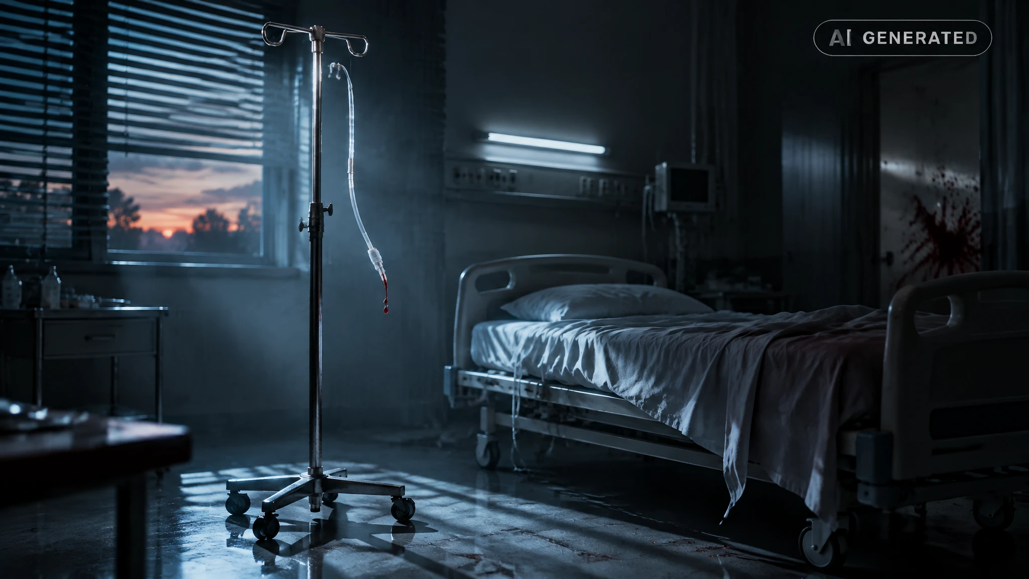Empty hospital bed with disconnected IV stand in a dim sterile room, cold blue light through blinds