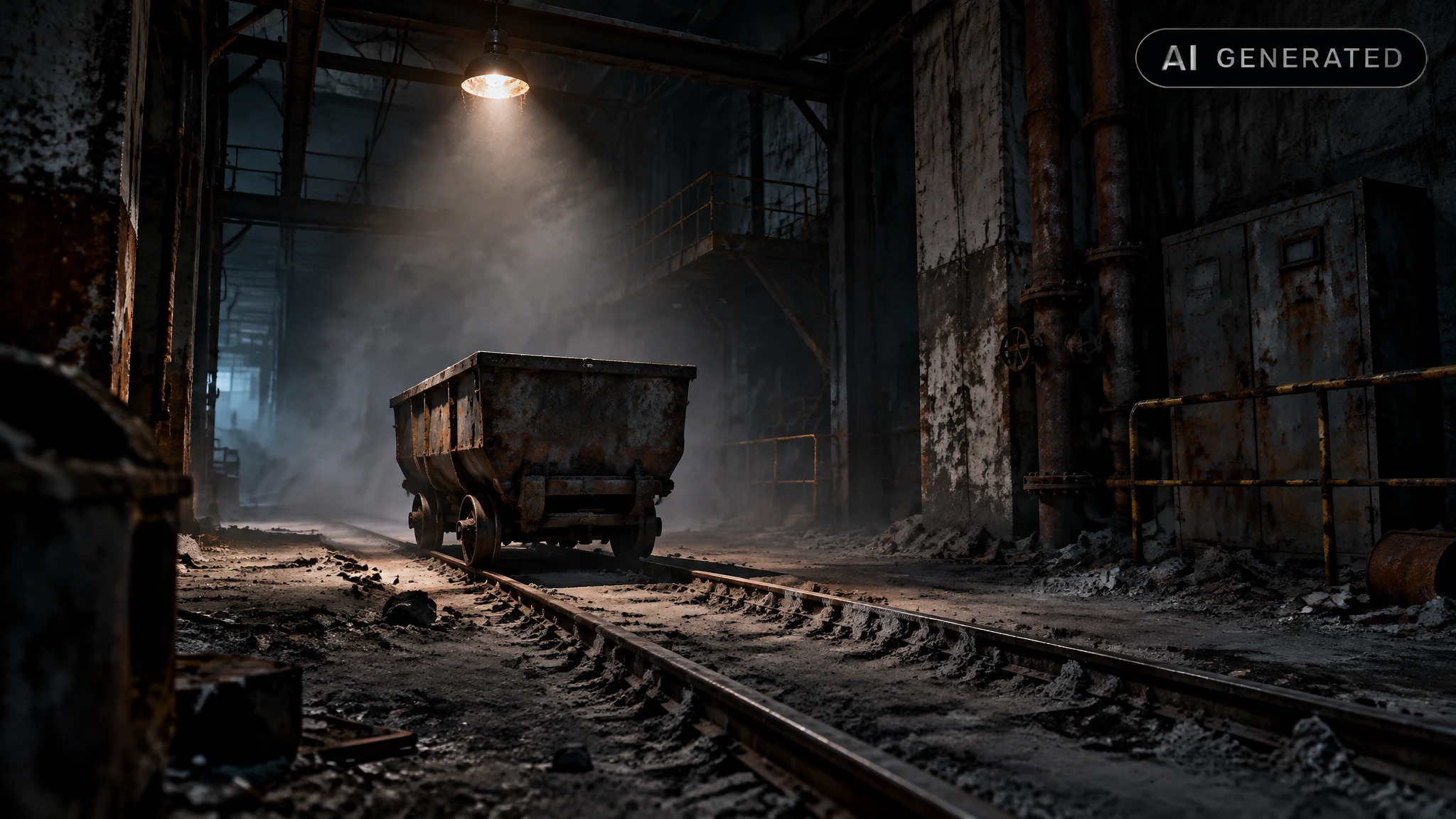 Empty steel cart with dust tracks inside a dark abandoned industrial building at night