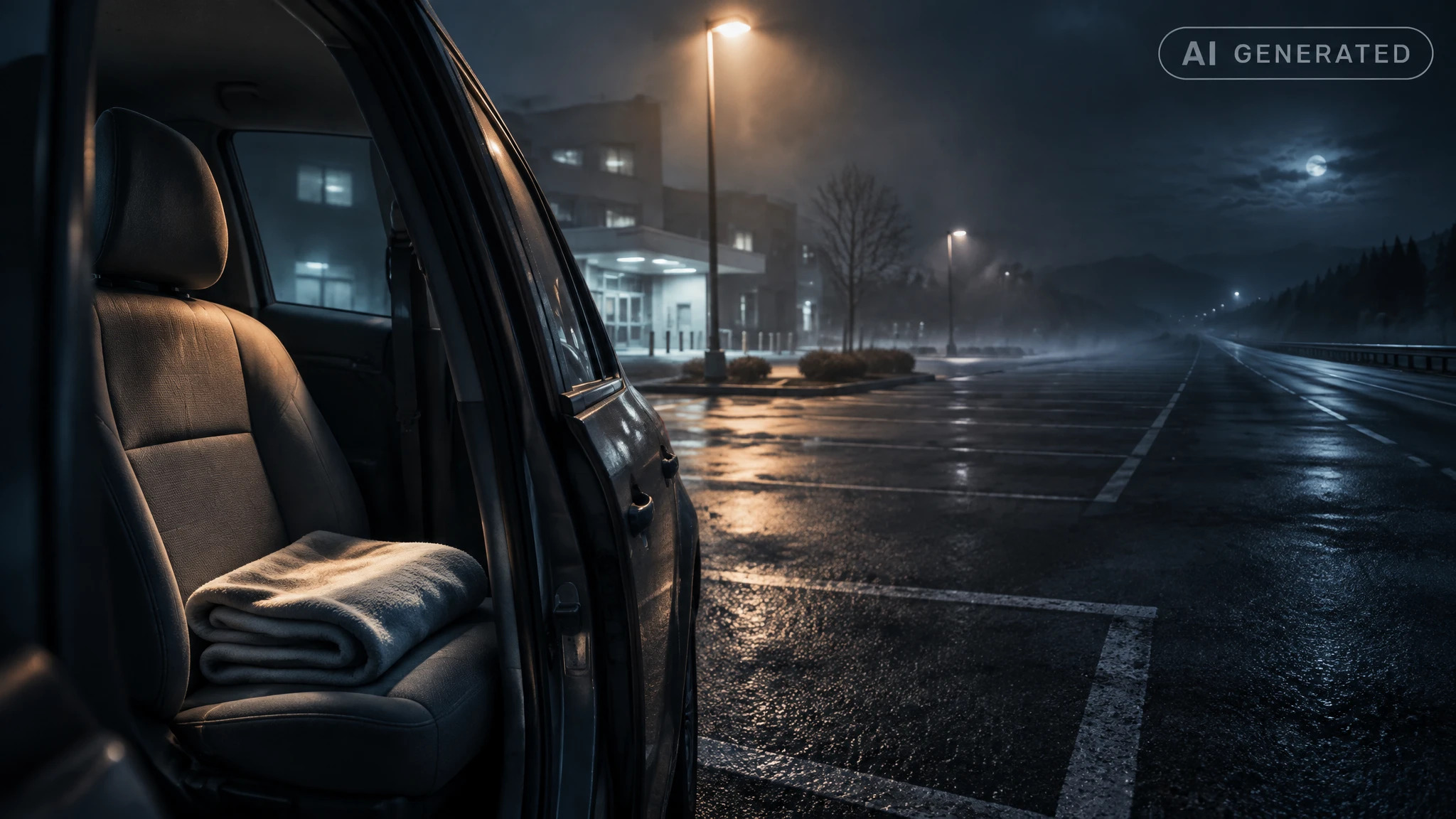 Empty car back seat with a folded blanket under cold light in a dark hospital parking lot at night