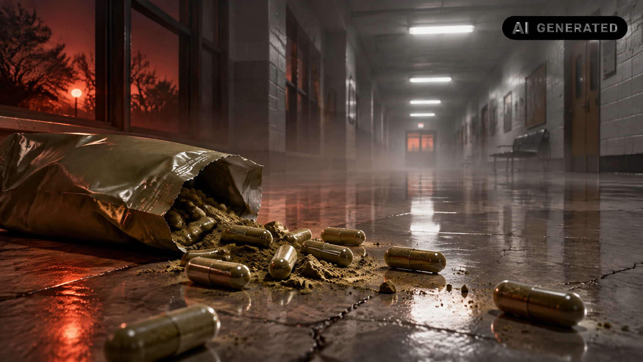 Torn herbal supplement packet spilling capsules across a cracked institutional floor under cold light